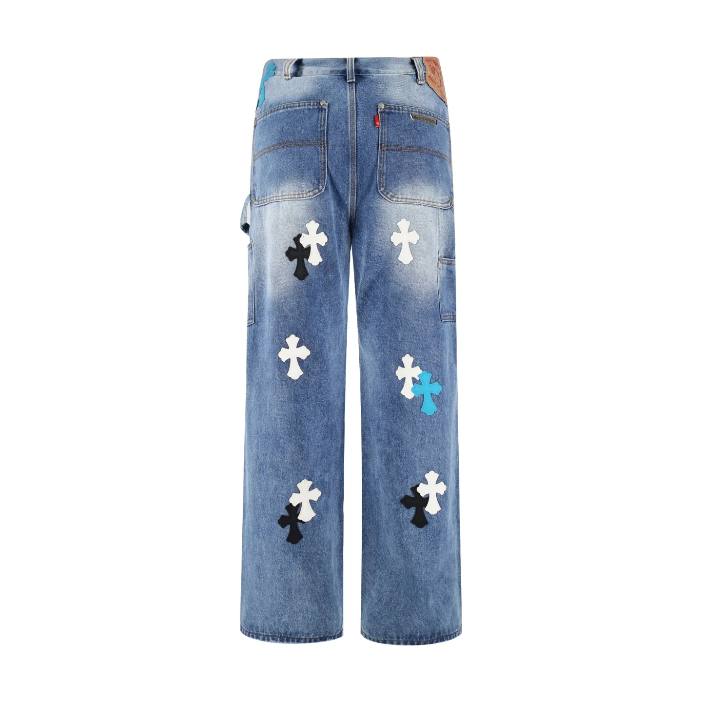 🅿️760 [Exclusive supply] CH Crow Heart Work Jeans are made of twill high-ounce washed denim fabric, exclusive CH-specific logging overalls style (non-Levis Vintage) custom-woven and dyed fabric, and the two-color cross is cowhide + sheepskin (all leather imported from Italy is custom-dyed separately, with consistent texture and no color difference). The stitch length, thread color, and wiring of the car are exactly the same. The inner lining is jacquard, with embroidery on the waist, 925 silver hardware, and heavy-duty washing and manual polishing. Size:32-34-36-38